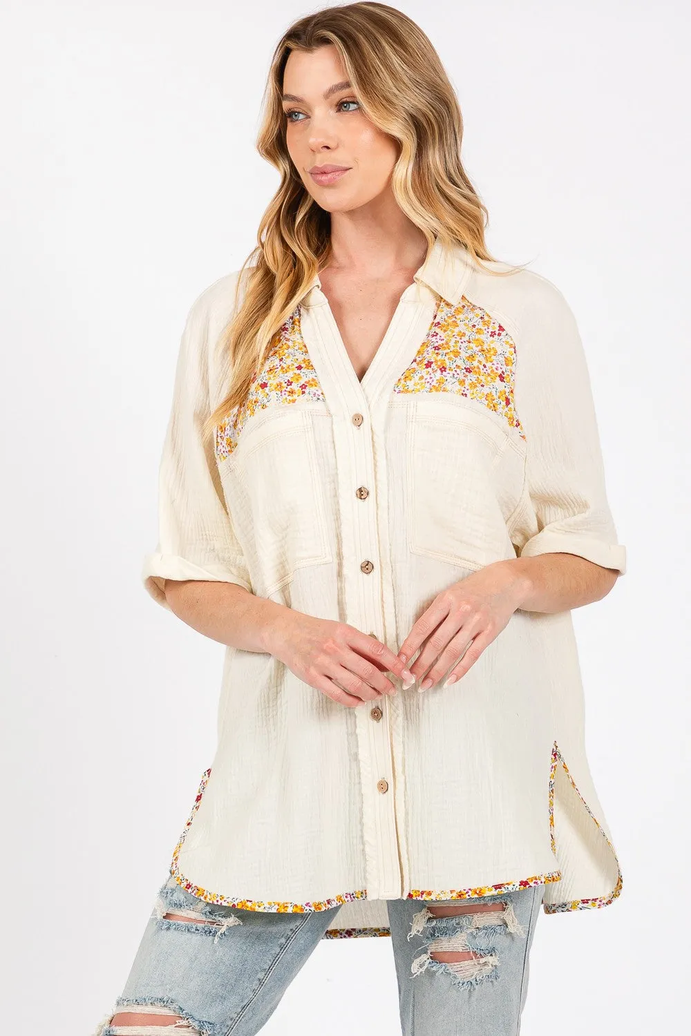 SAGE + FIG Full Size Floral Detail Button Up Short Sleeve Shirt sold by Charming Charlie product image thumbnail 3