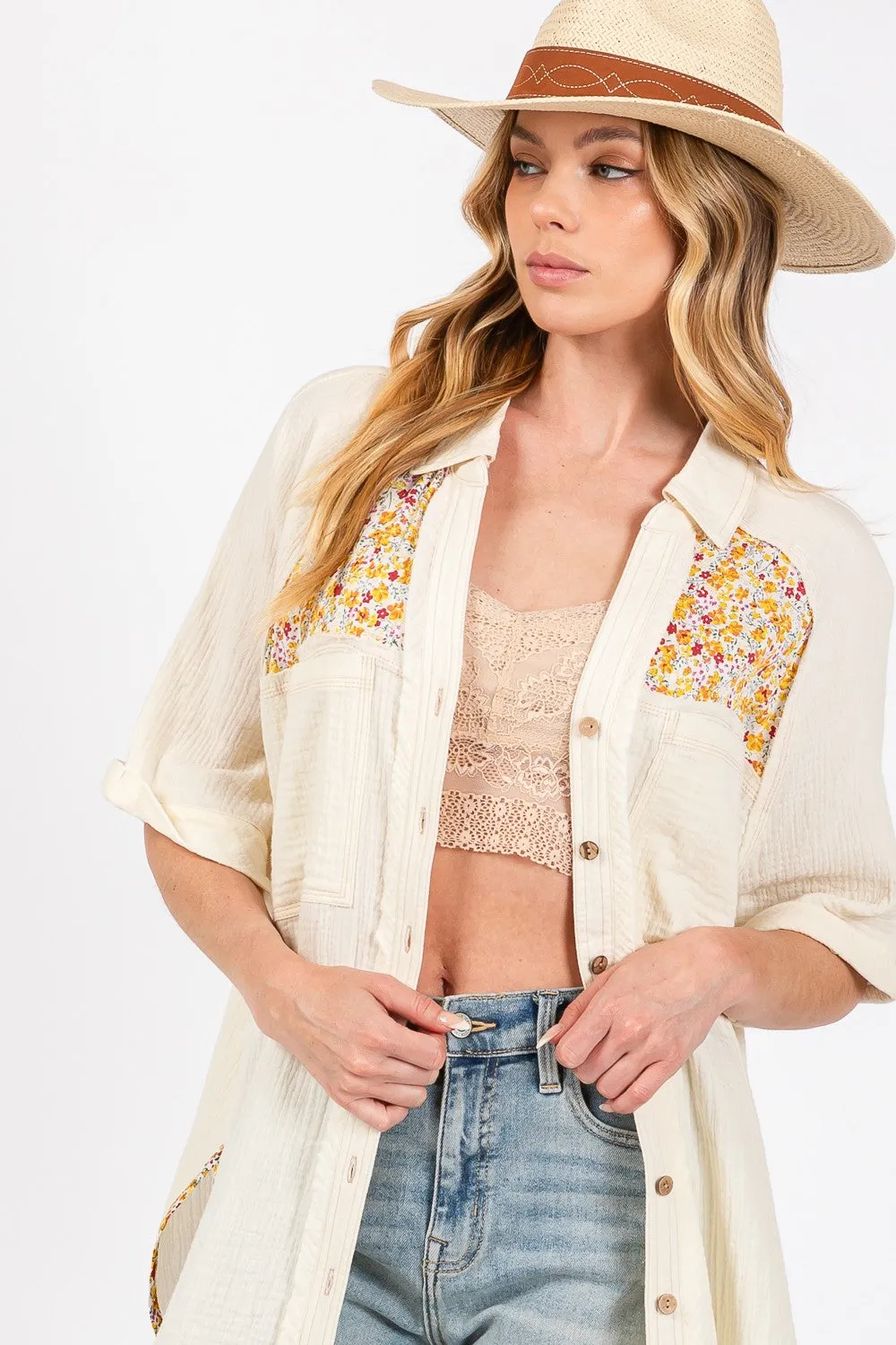 SAGE + FIG Full Size Floral Detail Button Up Short Sleeve Shirt sold by Charming Charlie product image thumbnail 4