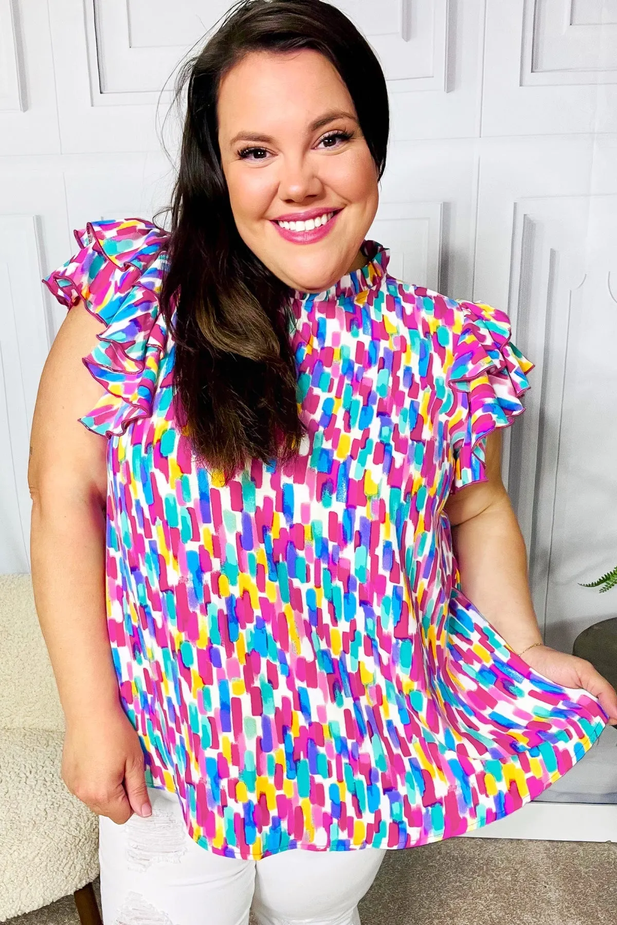 Eyes On You Multicolor Abstract Print Mock Neck Flutter Sleeve Top sold by Charming Charlie