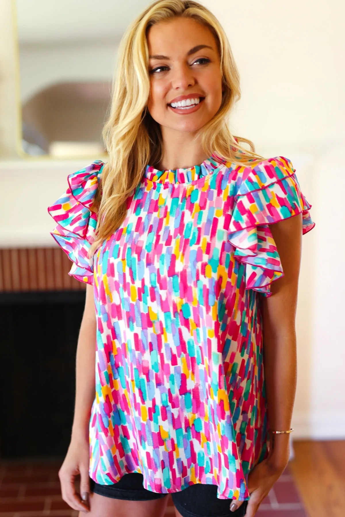 Eyes On You Multicolor Abstract Print Mock Neck Flutter Sleeve Top sold by Charming Charlie product image thumbnail 3