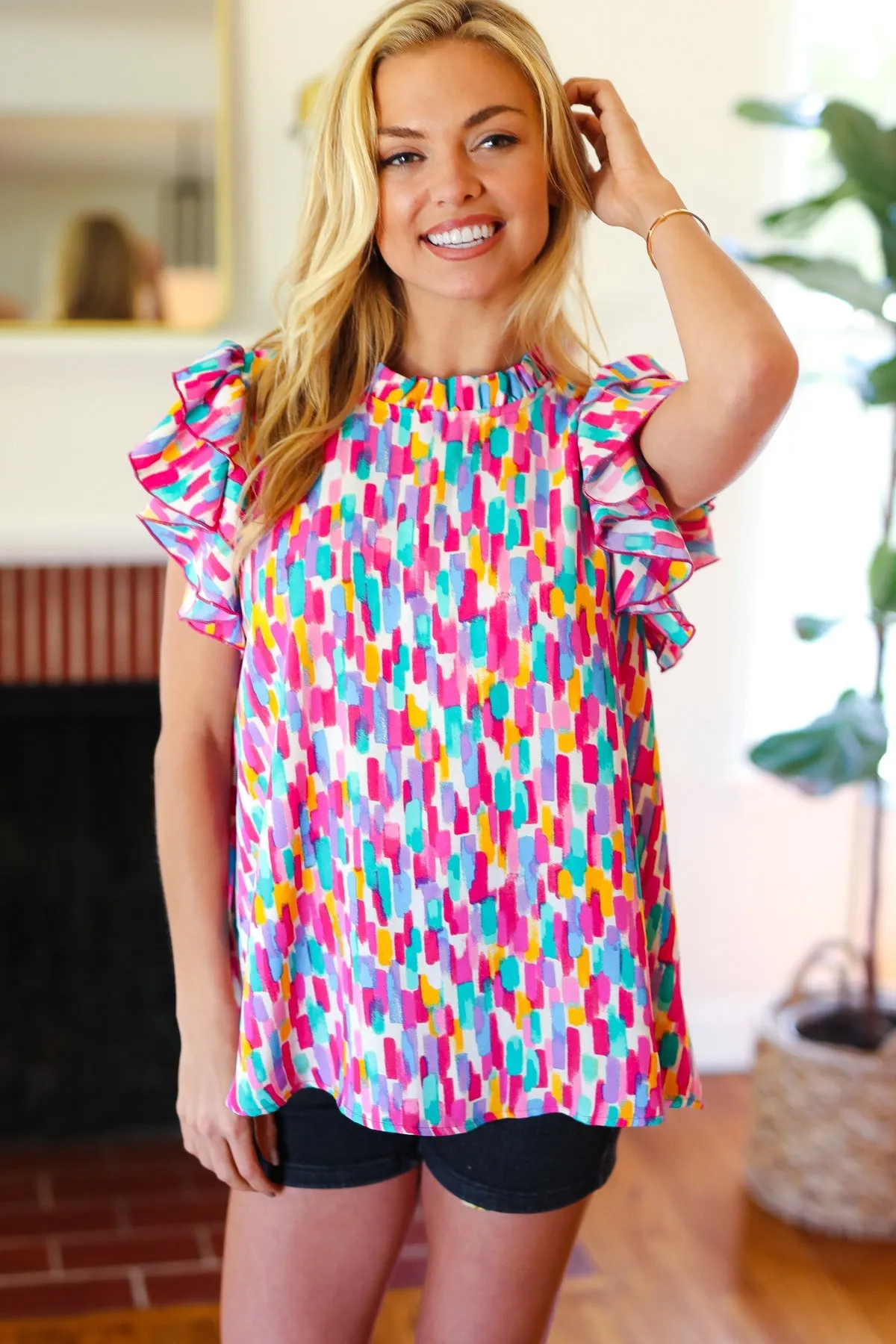 Eyes On You Multicolor Abstract Print Mock Neck Flutter Sleeve Top sold by Charming Charlie product image thumbnail 2