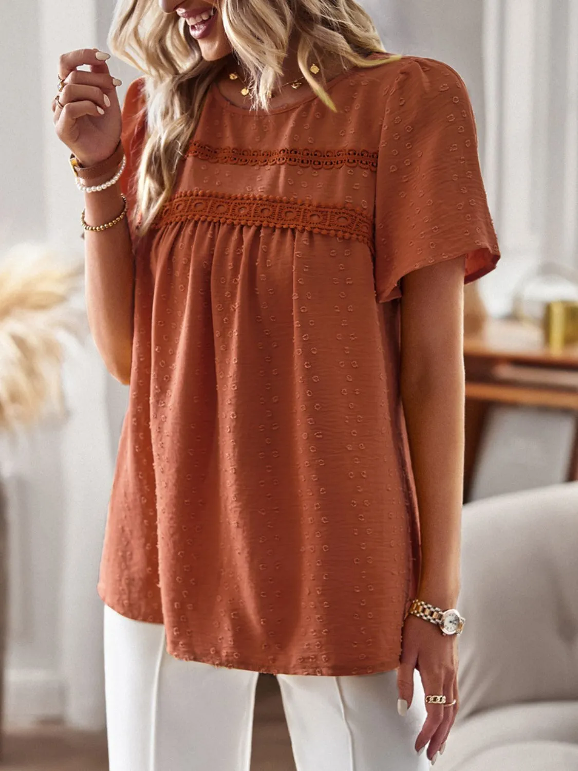 Lace Detail Round Neck Short Sleeve Blouse sold by Charming Charlie product image thumbnail 4