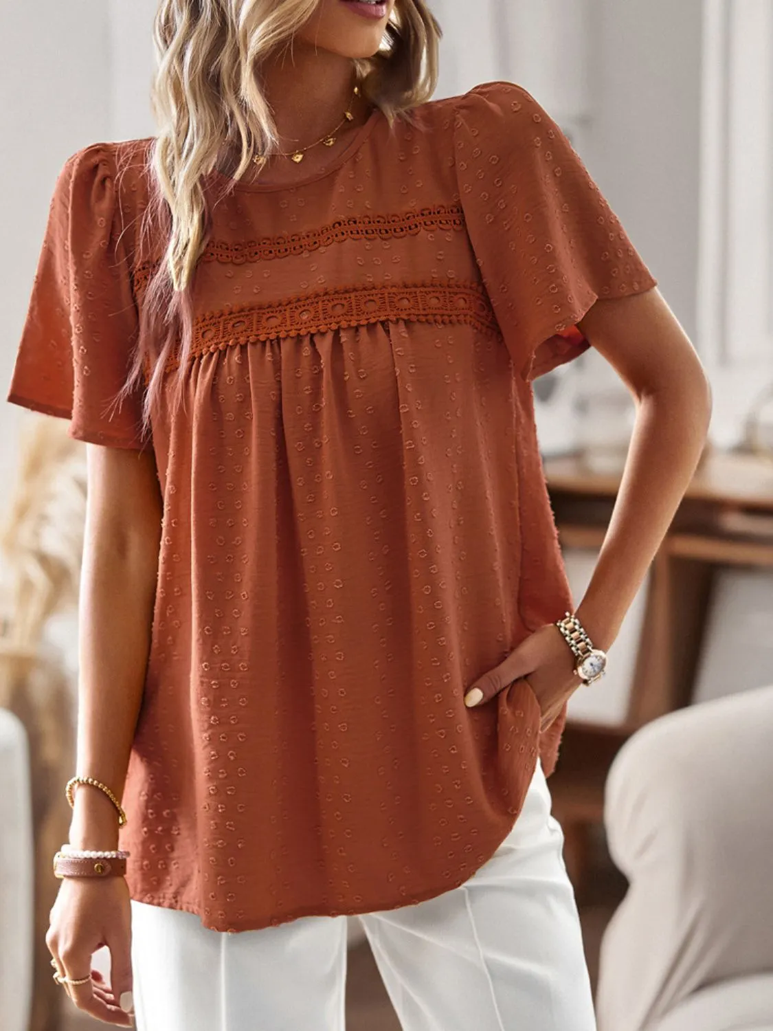 Lace Detail Round Neck Short Sleeve Blouse sold by Charming Charlie product image thumbnail 5