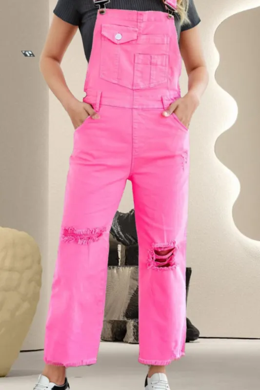 Distressed Pocketed Wide Strap Denim Overalls sold by Charming Charlie