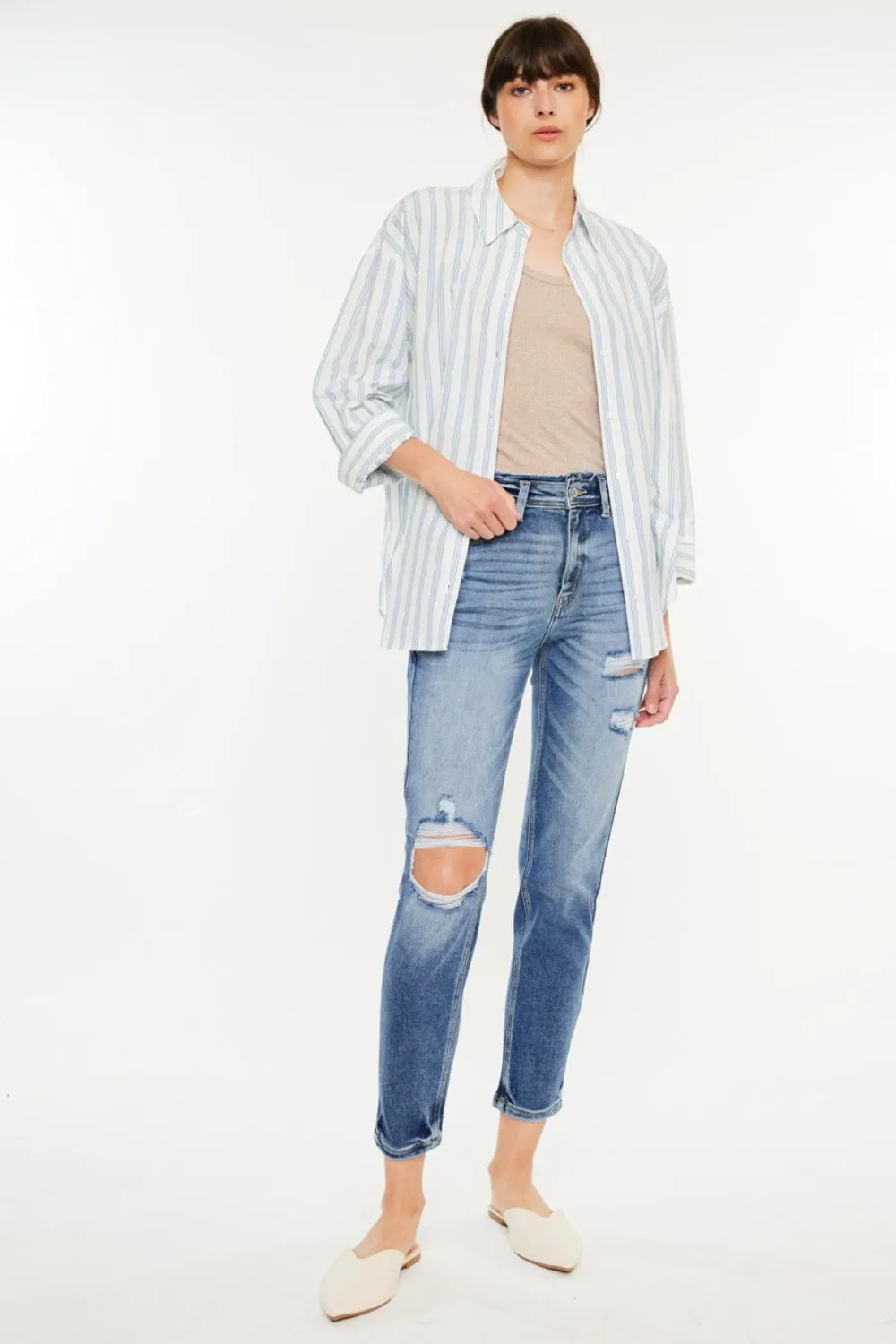 Kancan High Rise Distressed Mom Jeans sold by Charming Charlie
