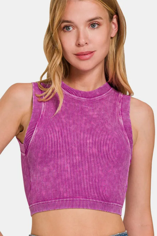 Zenana Washed Ribbed Seamless Crop Tank with Bra Pad sold by Charming Charlie