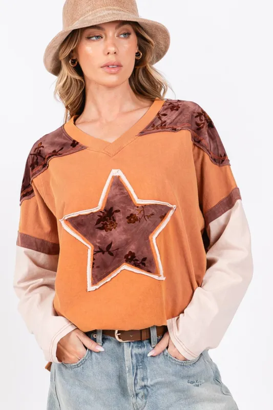 SAGE + FIG Star Patch Long Sleeve Color Block T-Shirt sold by Charming Charlie