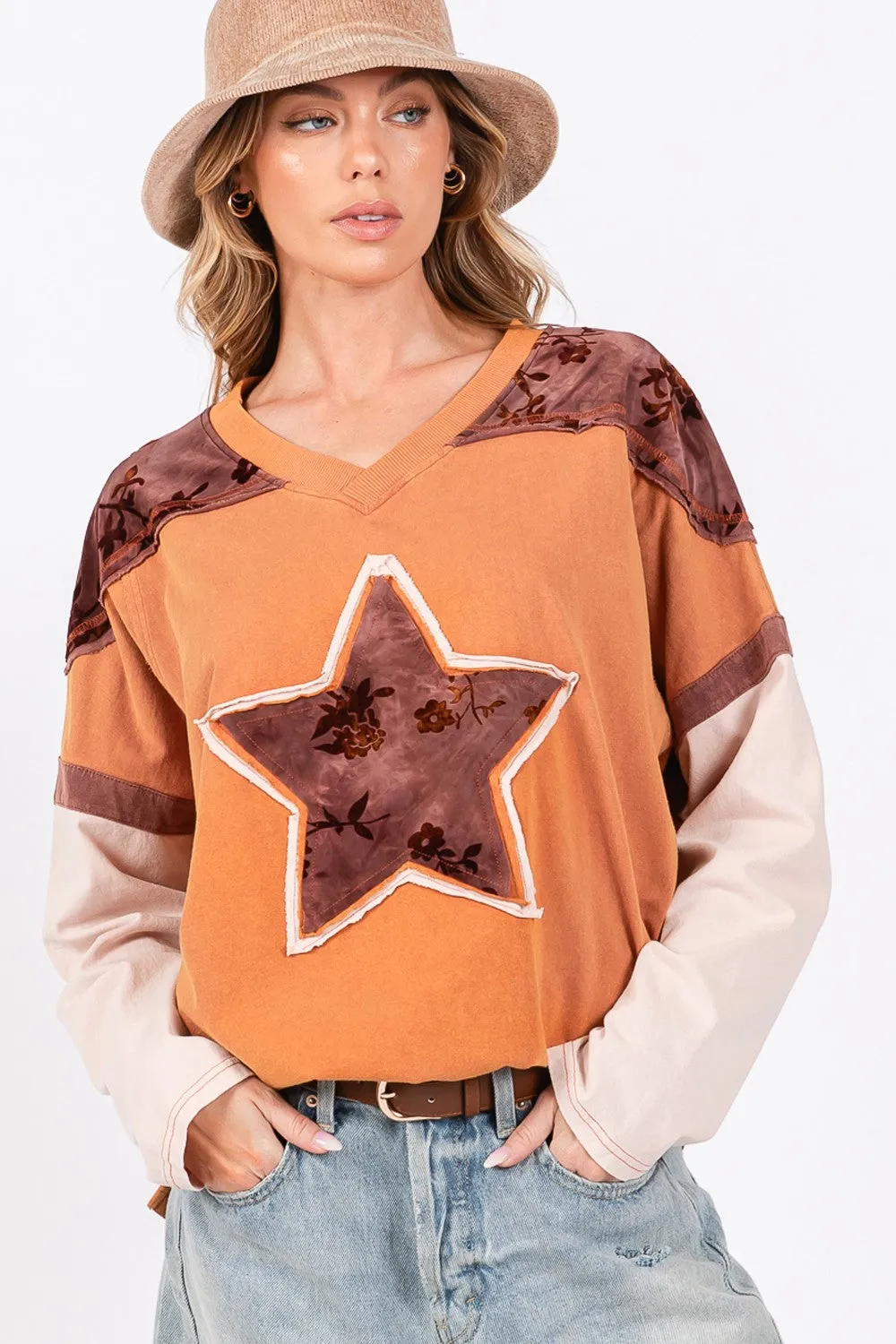 SAGE + FIG Star Patch Long Sleeve Color Block T-Shirt sold by Charming Charlie