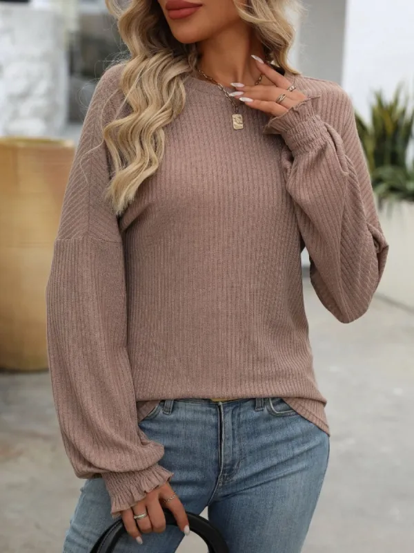 Ribbed Round Neck Long Sleeve T-Shirt sold by Charming Charlie
