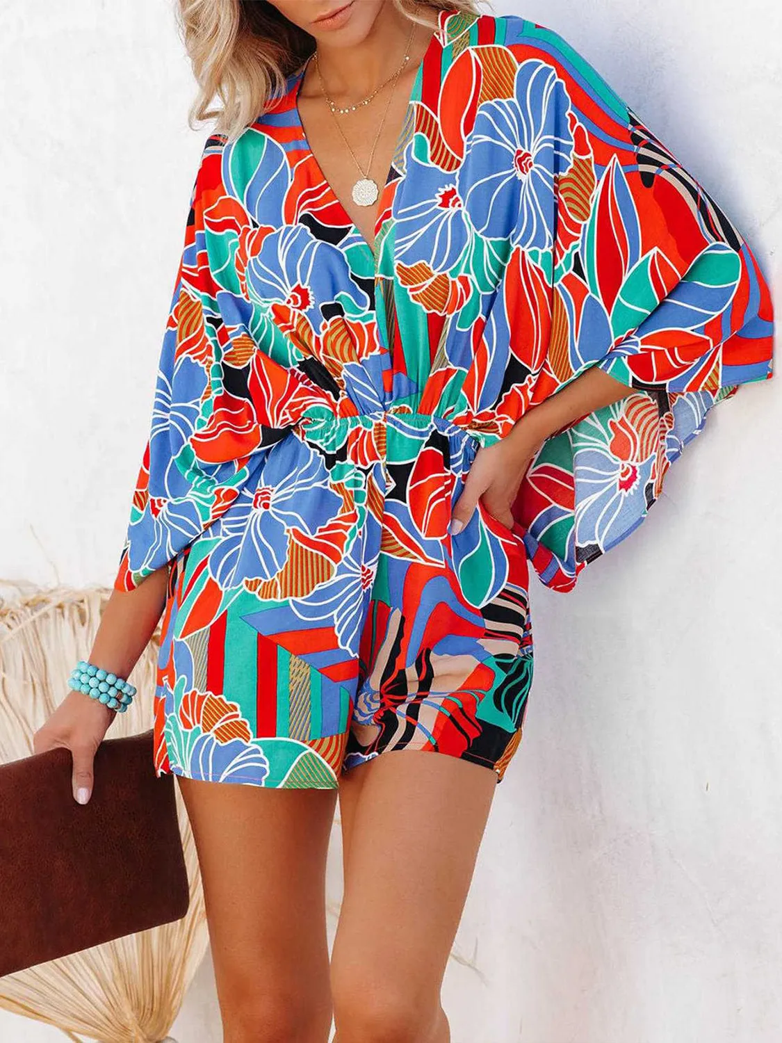 Tied Printed Kimono Sleeve Romper sold by Charming Charlie