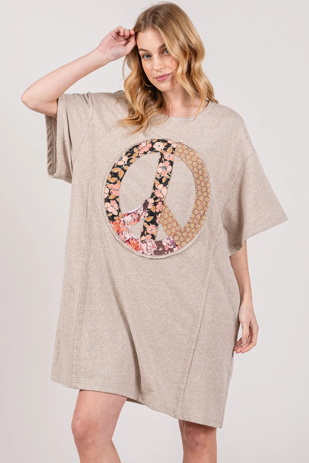 SAGE + FIG Full Size Peace Sign Applique Short Sleeve Tee Dress sold by Charming Charlie