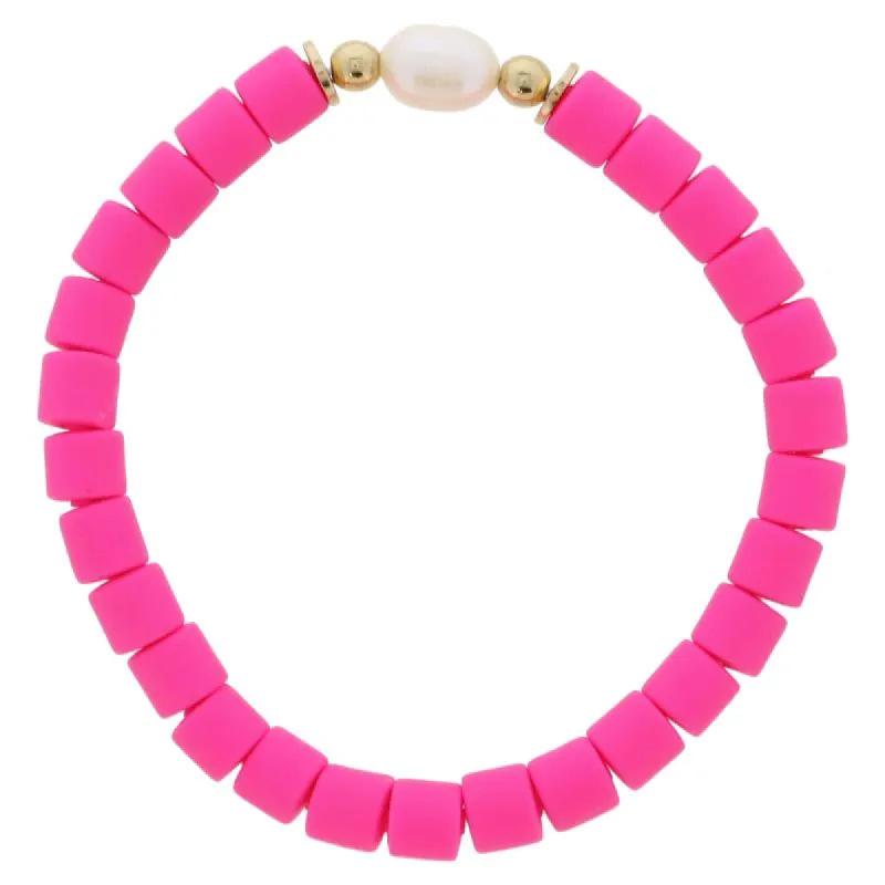 Hot Pink Rubber Cylinder Beaded with Pearl and Gold Bead Accents Bracelet, 7.5" Around sold by Charming Charlie