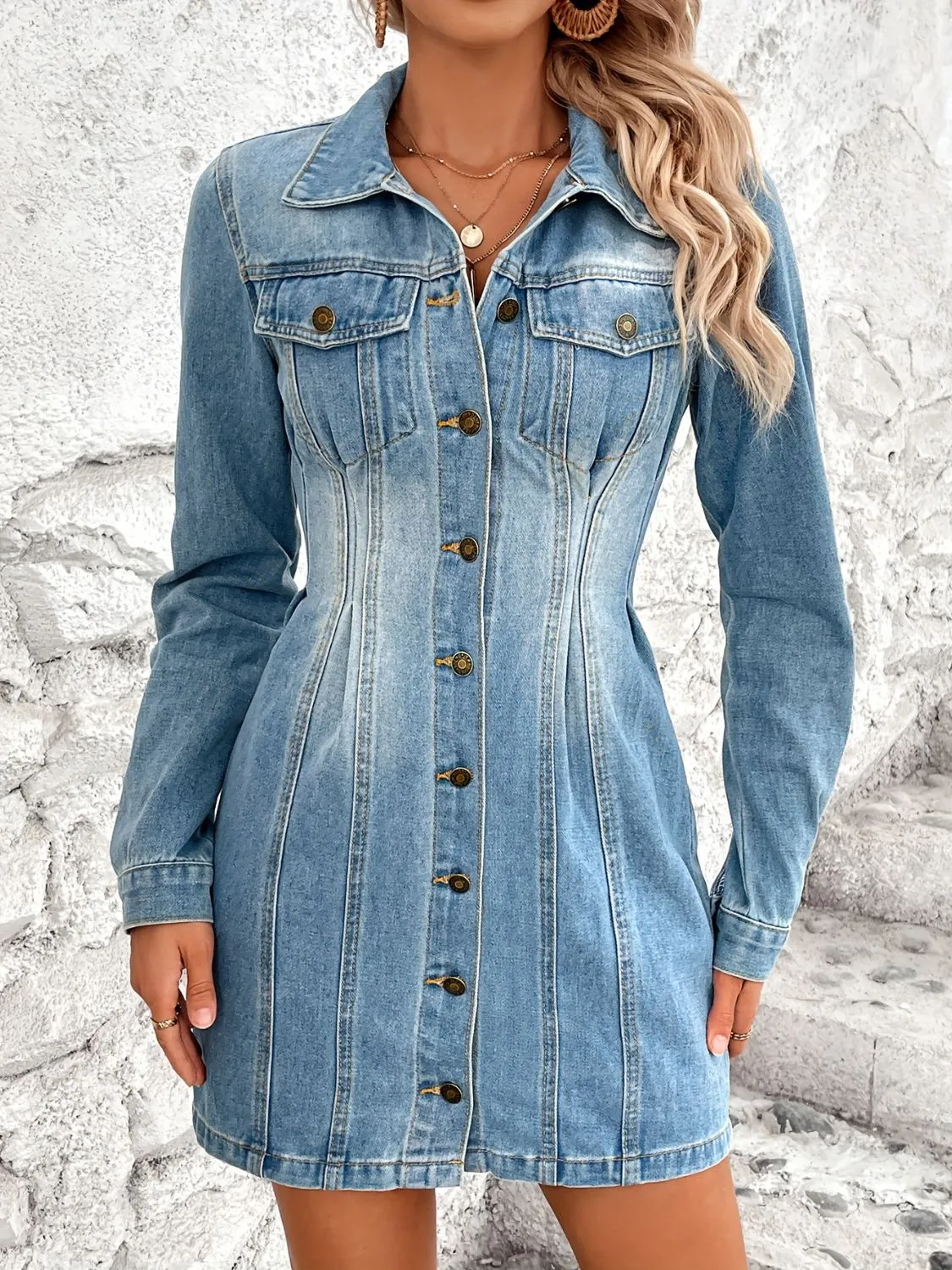 Pocketed Button Up Long Sleeve Denim Dress sold by Charming Charlie product image thumbnail 3