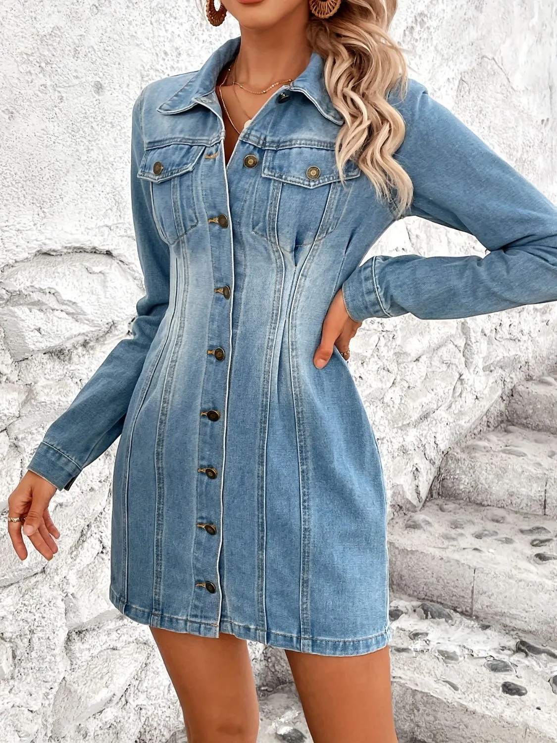 Pocketed Button Up Long Sleeve Denim Dress sold by Charming Charlie product image thumbnail 4