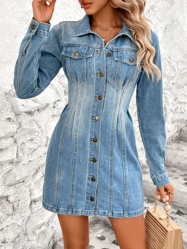 Pocketed Button Up Long Sleeve Denim Dress sold by Charming Charlie