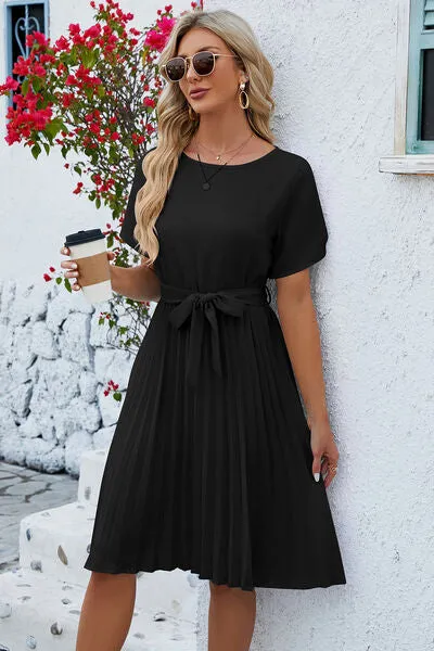 Pleated Tie Waist Short Sleeve Dress sold by Charming Charlie product image thumbnail 4