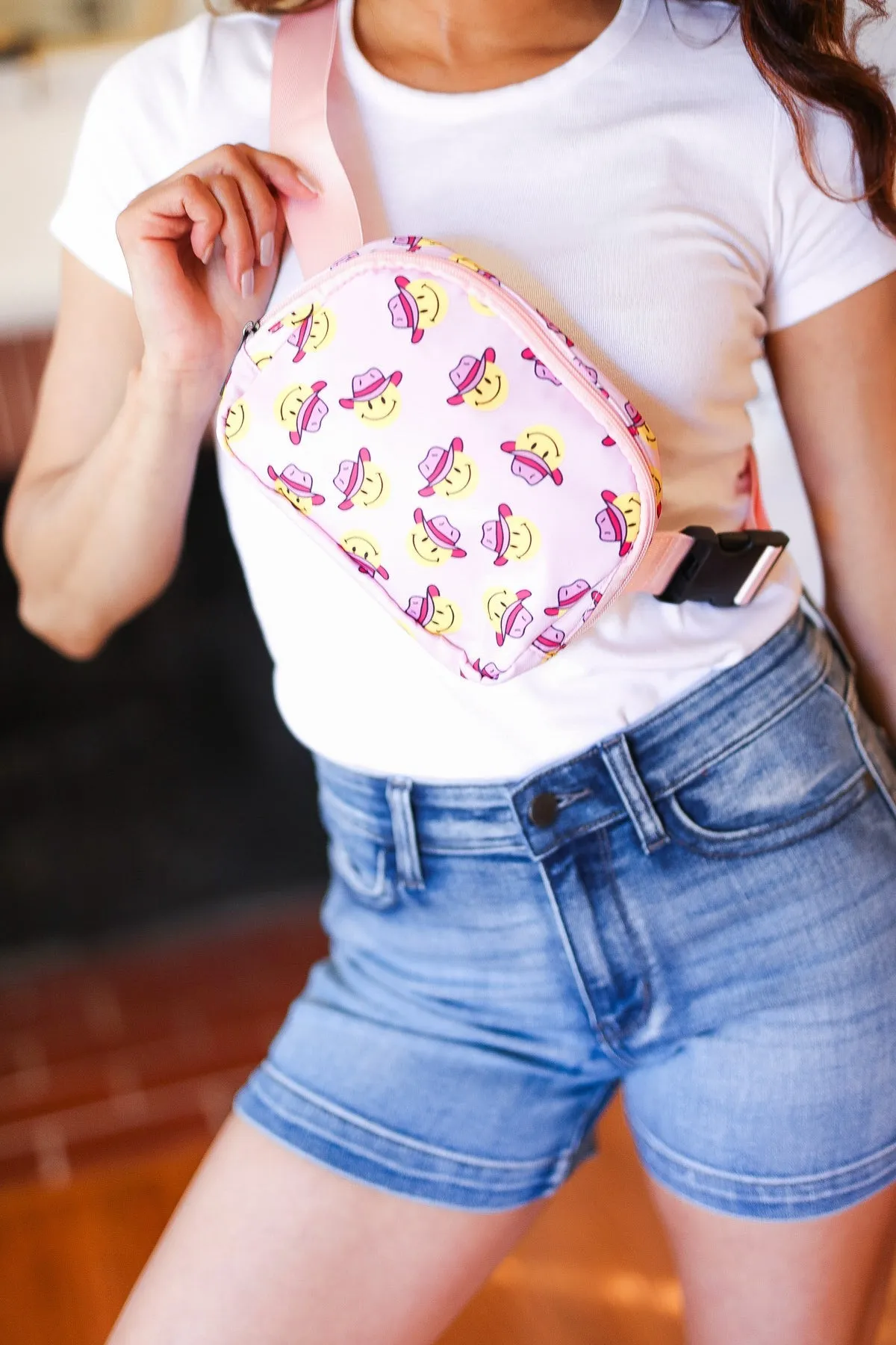 Light Pink Cowboy Smiley Face Crossbody Belt Sling Bag sold by Charming Charlie product image thumbnail 5
