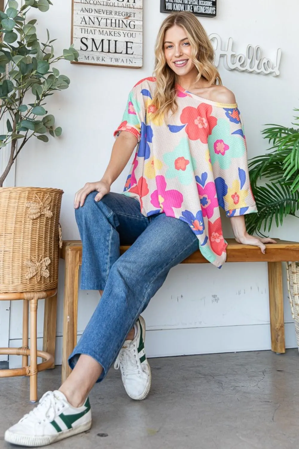 HOPELY Floral Waffle Oversize T-Shirt sold by Charming Charlie