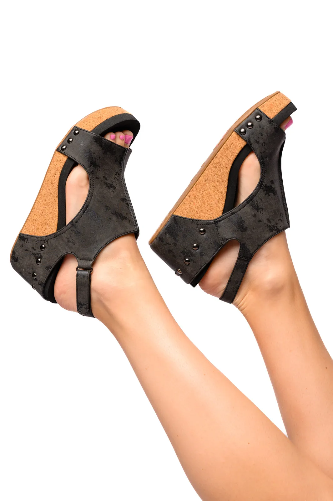 Carley Wedge Sandals in Black Metallic sold by Charming Charlie
