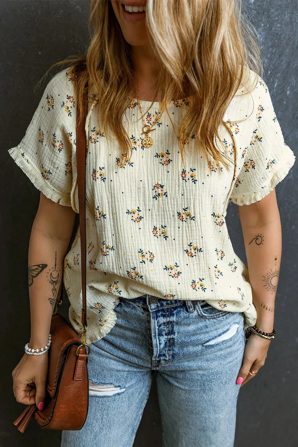 Raw Hem Printed Round Neck Short Sleeve Top sold by Charming Charlie product image thumbnail 4