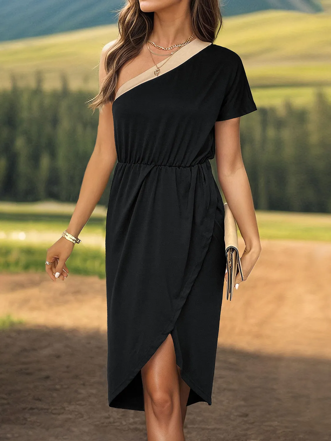 Slit Single Shoulder Short Sleeve Midi Dress sold by Charming Charlie product image thumbnail 4