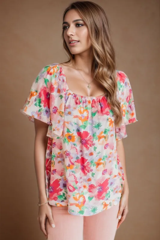 Printed Scoop Neck Flutter Sleeve Blouse sold by Charming Charlie