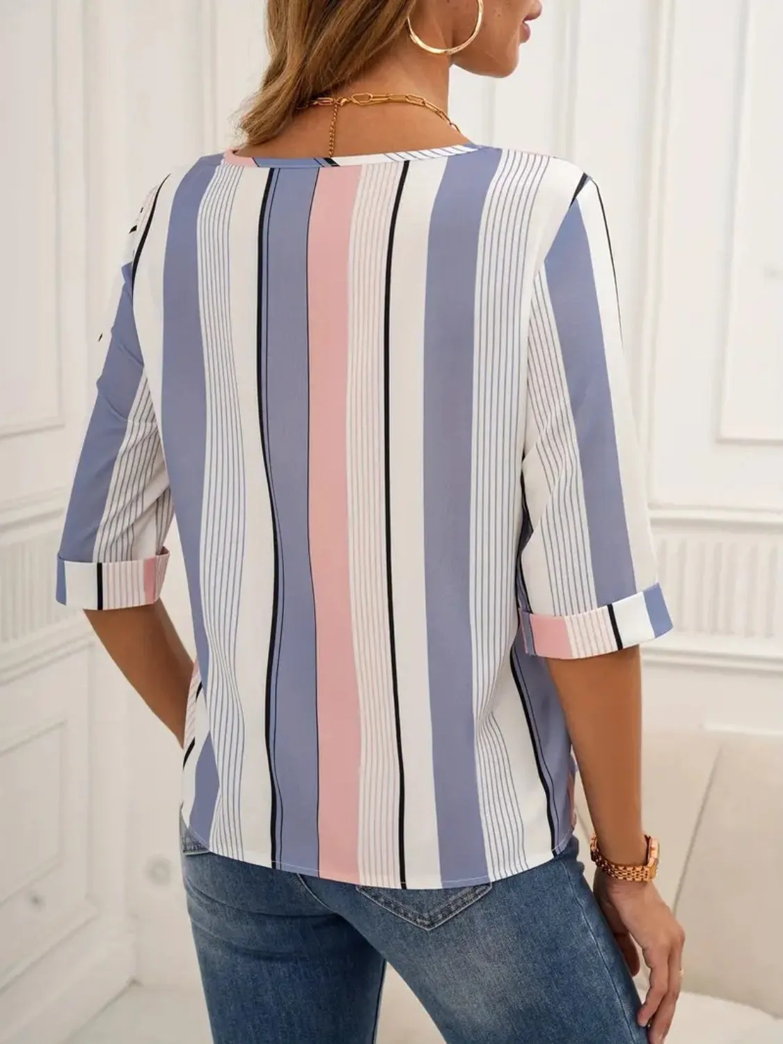 Full Size Contrast Stripes Round Neck Half Sleeve Blouse sold by Charming Charlie product image thumbnail 2