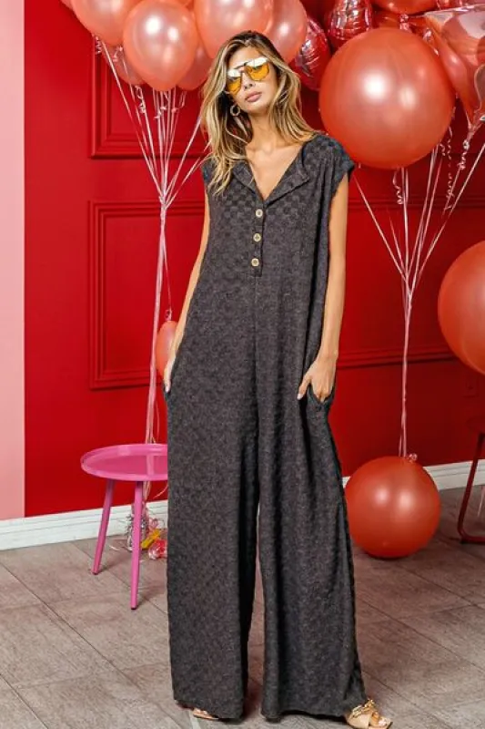 BiBi Checkered Cap Sleeve Wide Leg Jumpsuit with Pockets sold by Charming Charlie