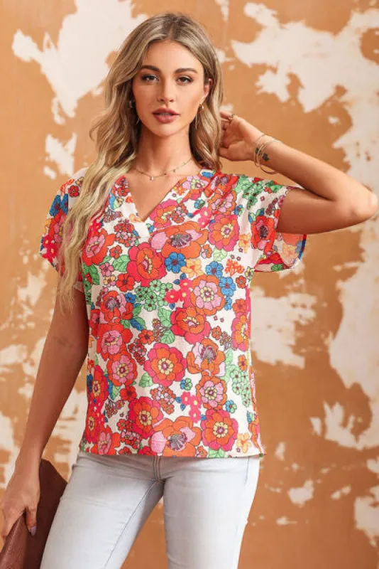 Printed Notched Short Sleeve Blouse sold by Charming Charlie