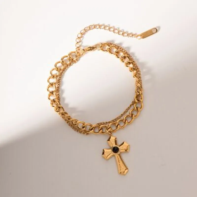 Stainless Steel Imitation Gemstone Cross Shape Pendant Bracelet sold by Charming Charlie
