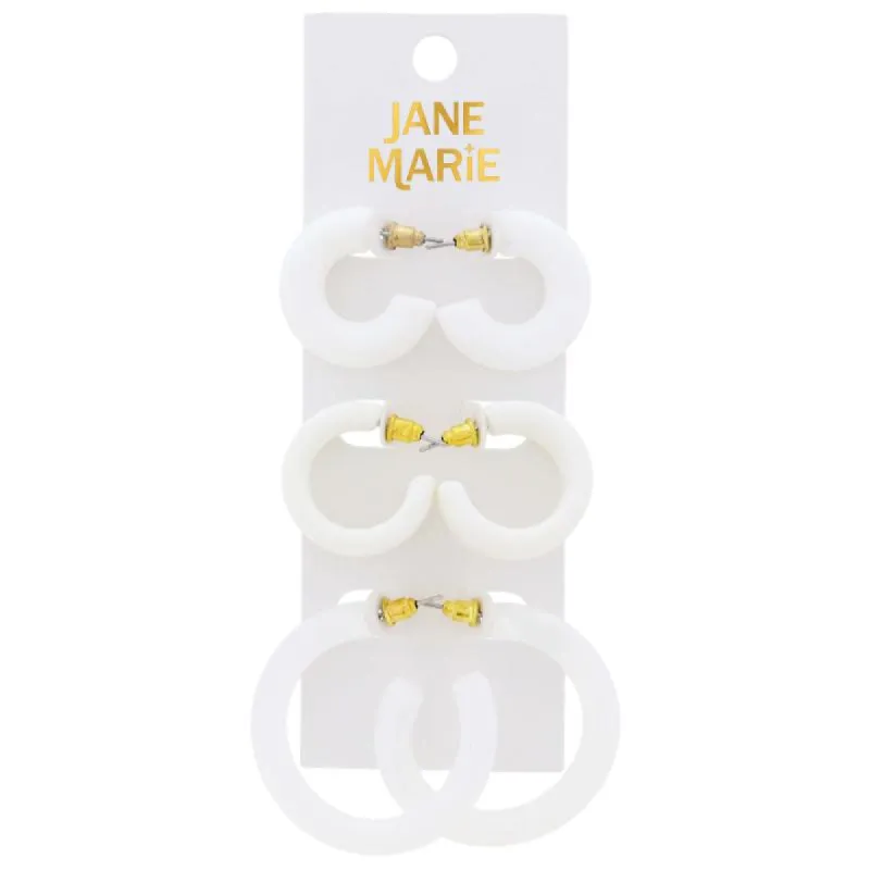 Set of 3, White Acrylic & Resin Hoops Earrings, 1", 1", 1.65" Top to Bottom Wide sold by Charming Charlie