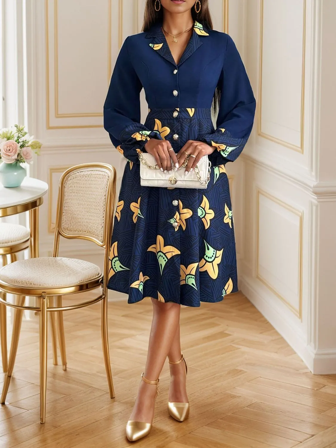 Printed Collared Neck Long Sleeve Dress sold by Charming Charlie product image thumbnail 3