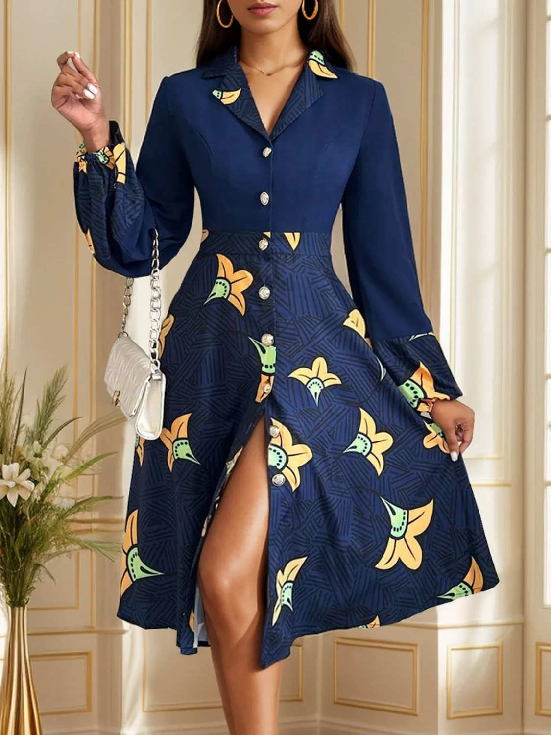 Printed Collared Neck Long Sleeve Dress sold by Charming Charlie