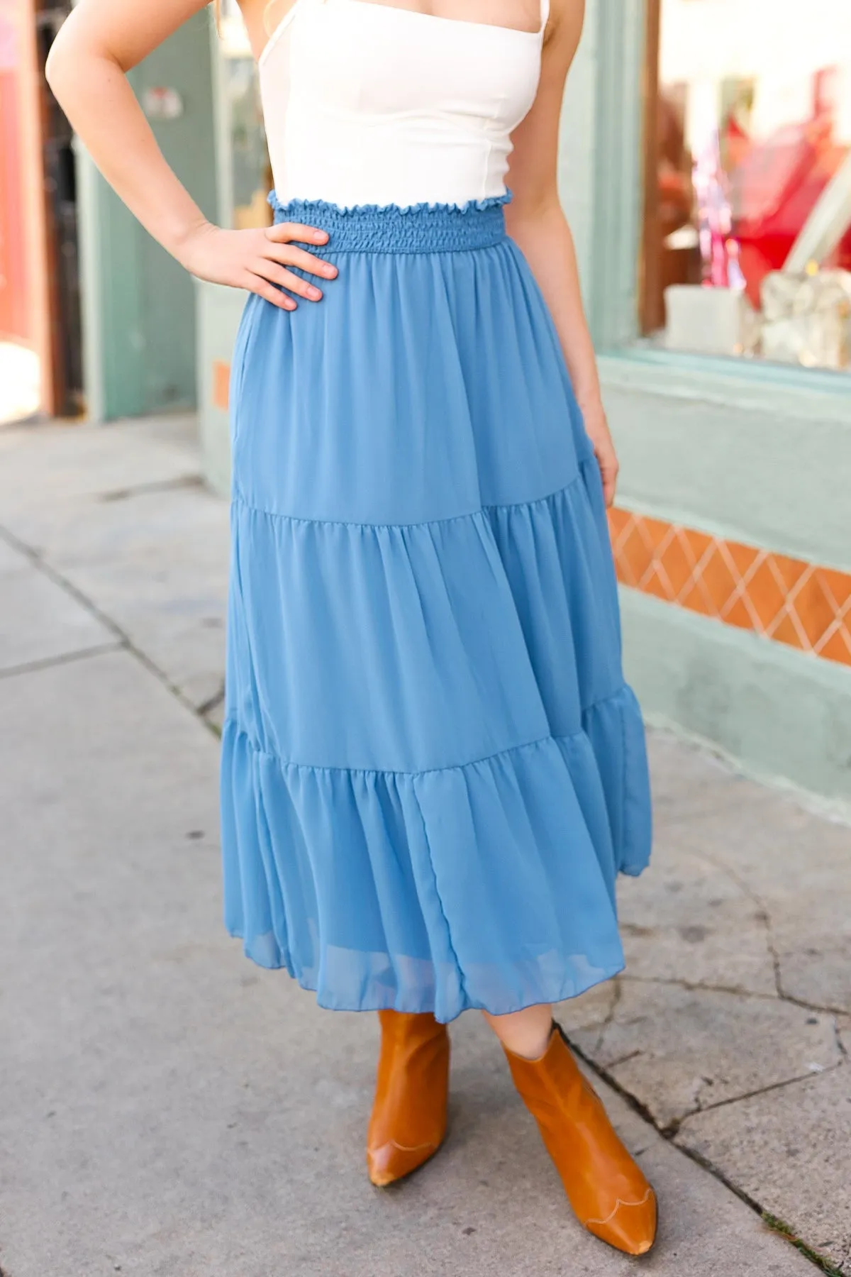 Look of Love Denim Blue Smocked Waist Tiered Chiffon Skirt sold by Charming Charlie product image thumbnail 4