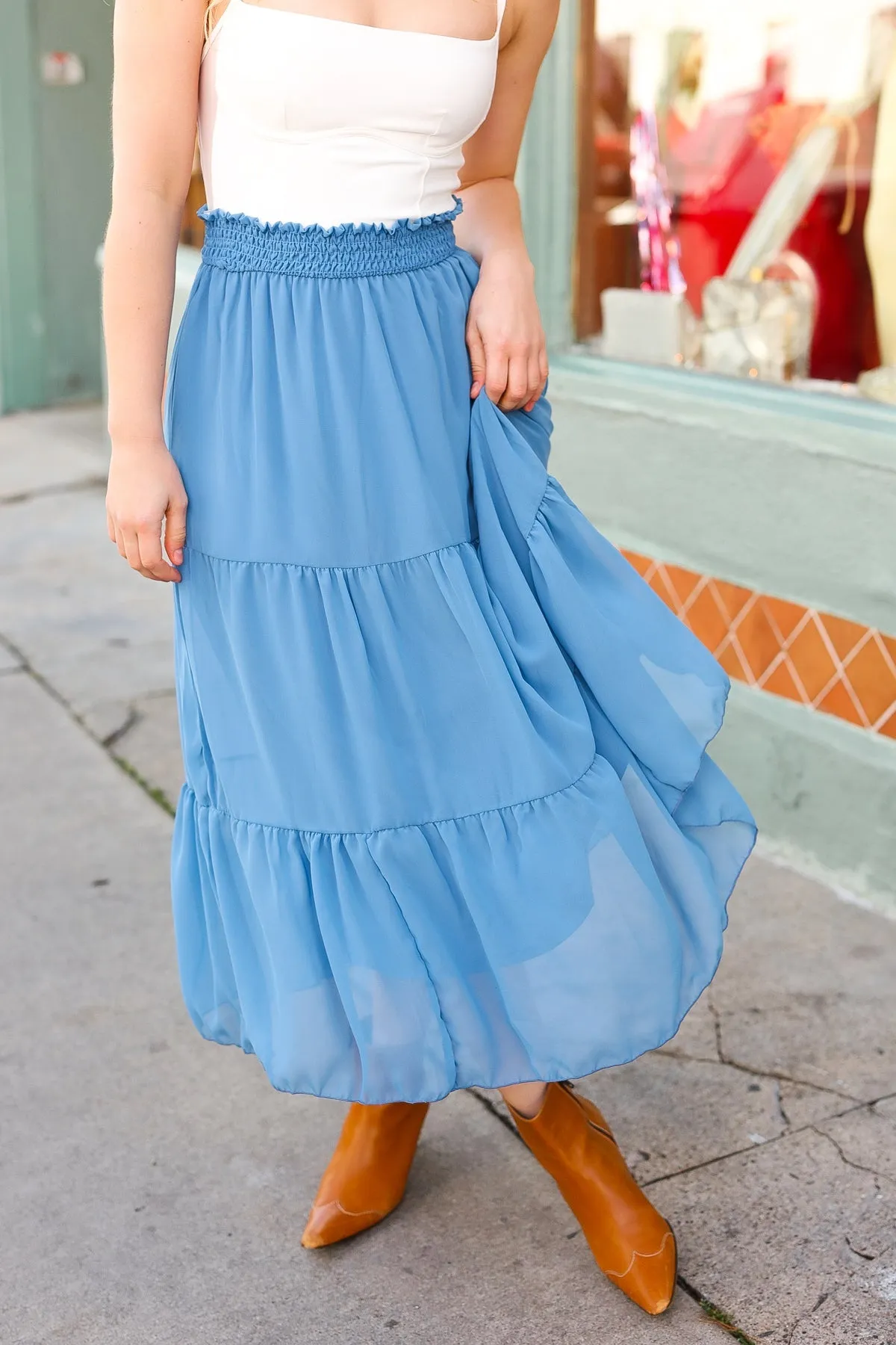 Look of Love Denim Blue Smocked Waist Tiered Chiffon Skirt sold by Charming Charlie