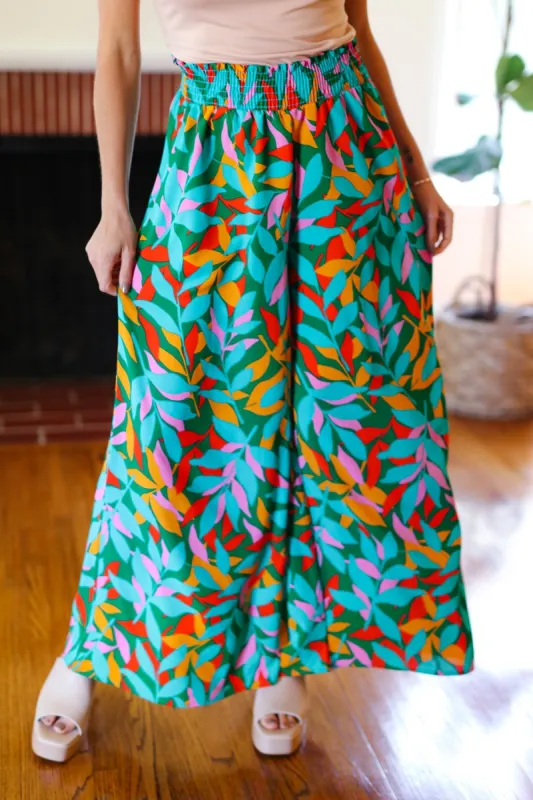 Summer Vibes Green & Orange Abstract Print Smocked Palazzo Pants sold by Charming Charlie