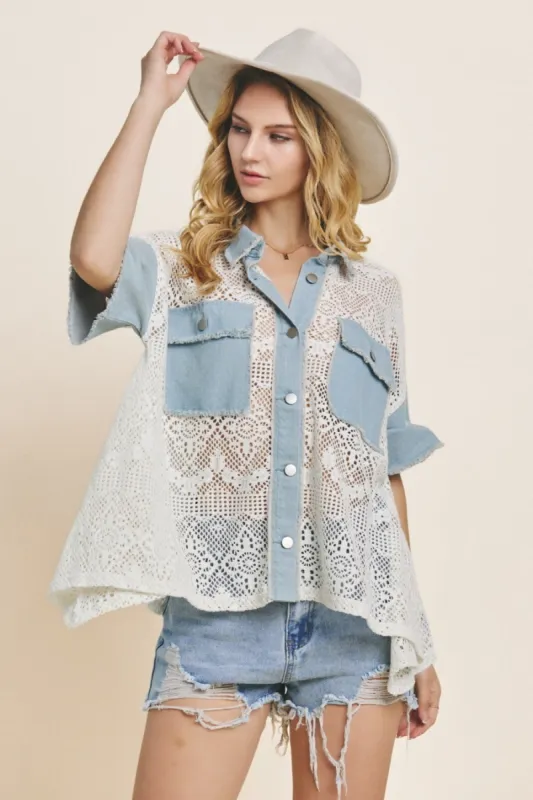 ODDI Button Up Short Sleeve Lace Shirt sold by Charming Charlie