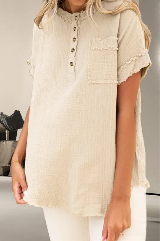 Raw Hem Round Neck Short Sleeve Blouse sold by Charming Charlie