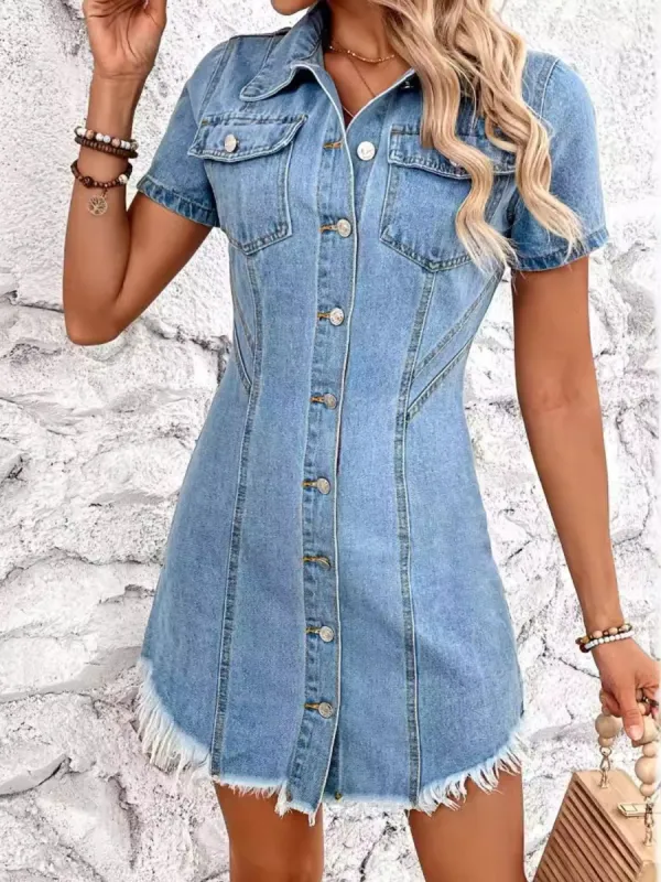 Raw Hem Button Up Short Sleeve Denim Dress sold by Charming Charlie