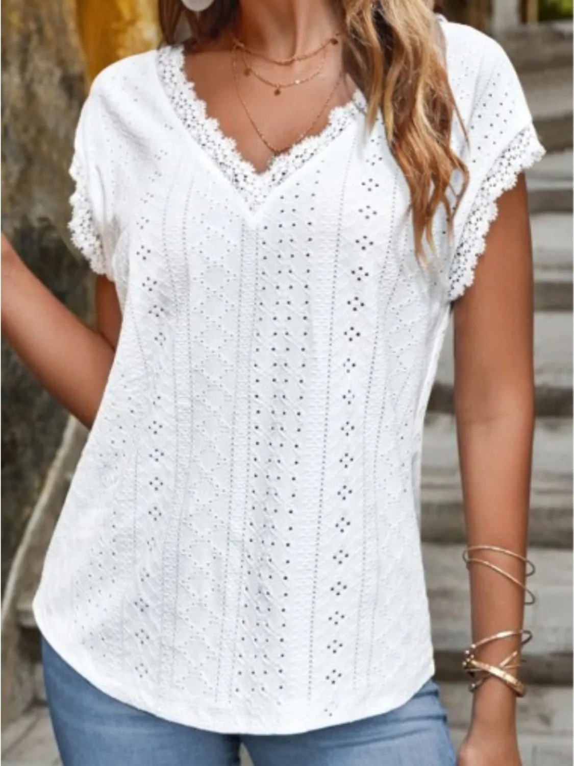 Eyelet V-Neck Cap Sleeve Blouse sold by Charming Charlie product image thumbnail 3