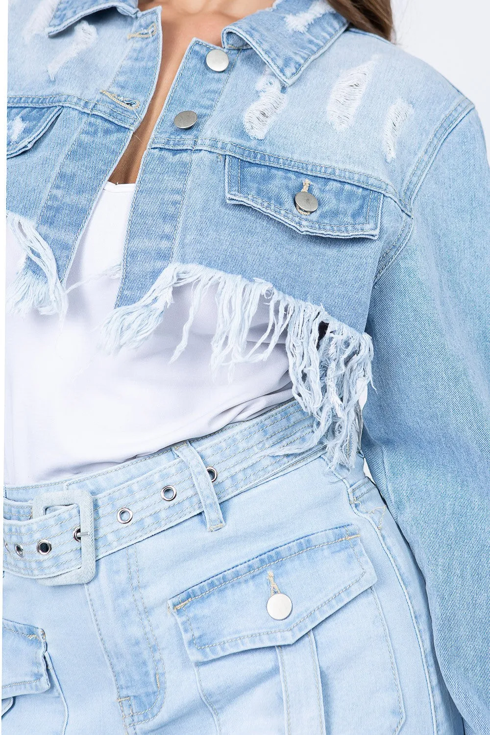 American Bazi Distressed Denim Jacket with Frayed Hem sold by Charming Charlie product image thumbnail 5