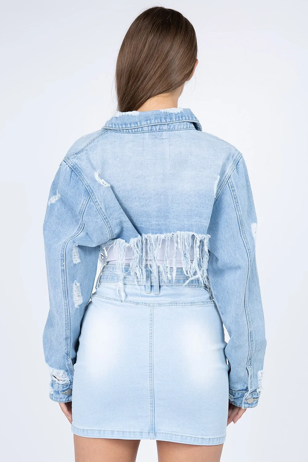 American Bazi Distressed Denim Jacket with Frayed Hem sold by Charming Charlie product image thumbnail 2