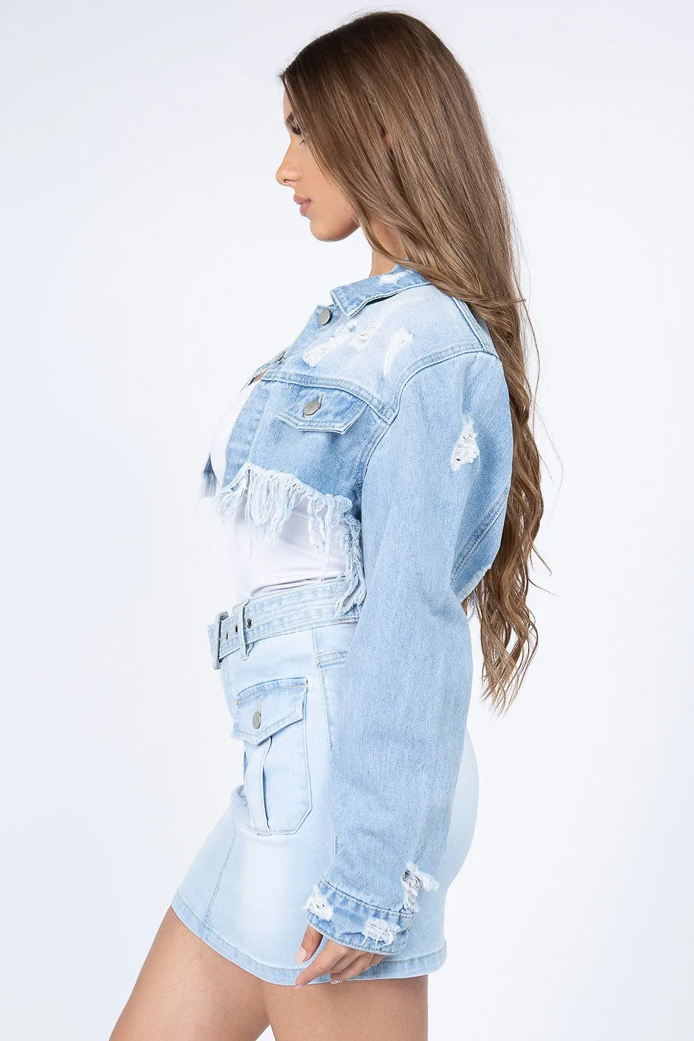 American Bazi Distressed Denim Jacket with Frayed Hem sold by Charming Charlie product image thumbnail 3