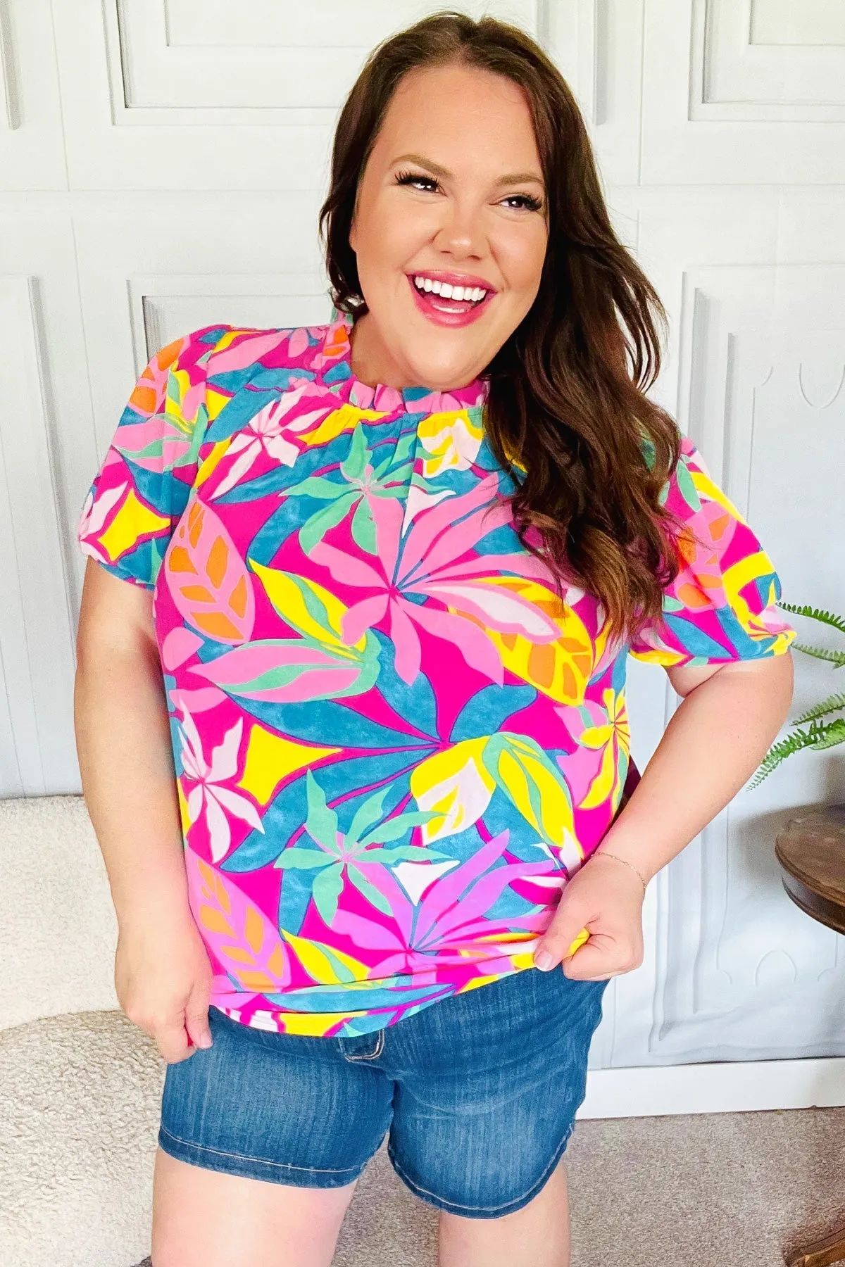 Vacay Ready Fuchsia Tropical Print Frill Mock Neck Top sold by Charming Charlie product image thumbnail 3