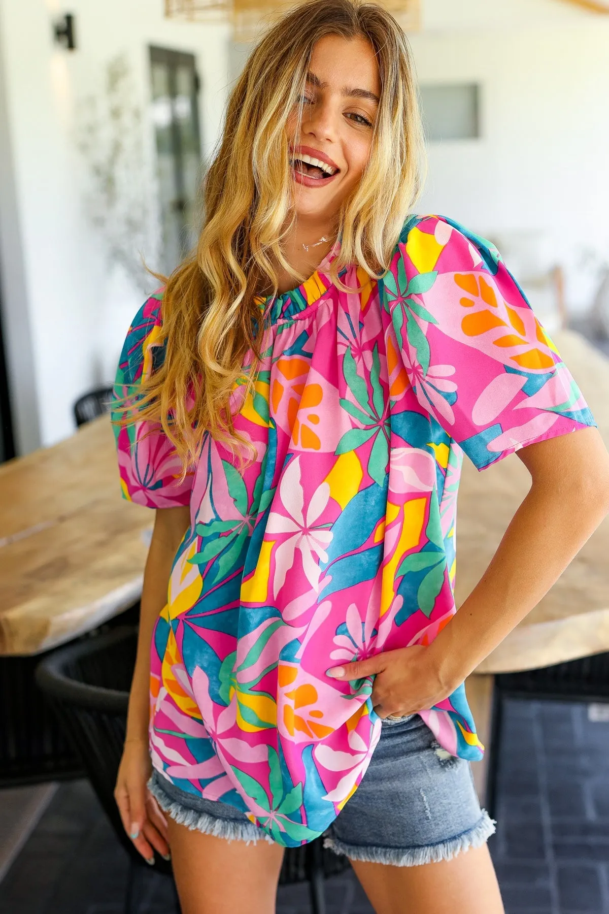 Vacay Ready Fuchsia Tropical Print Frill Mock Neck Top sold by Charming Charlie