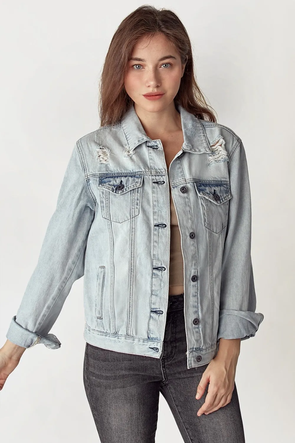 RISEN Distressed Button Up Jacket sold by Charming Charlie