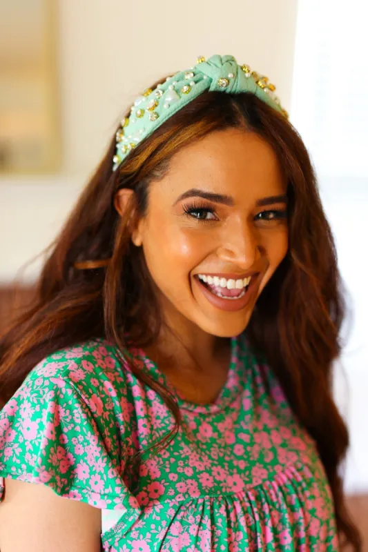 Mint Heart Pearl & Jewel Knot Knit Headband sold by Charming Charlie