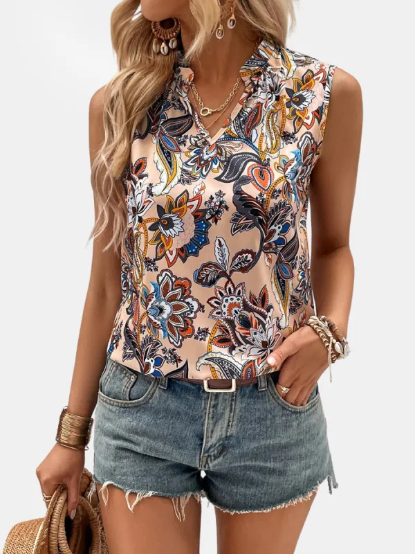 Printed Notched Sleeveless Top sold by Charming Charlie