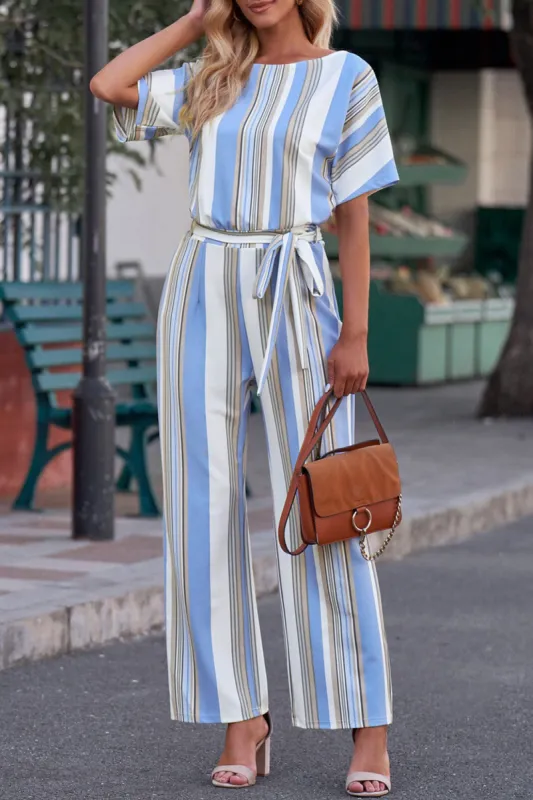 Tied Striped Round Neck Short Sleeve Jumpsuit sold by Charming Charlie