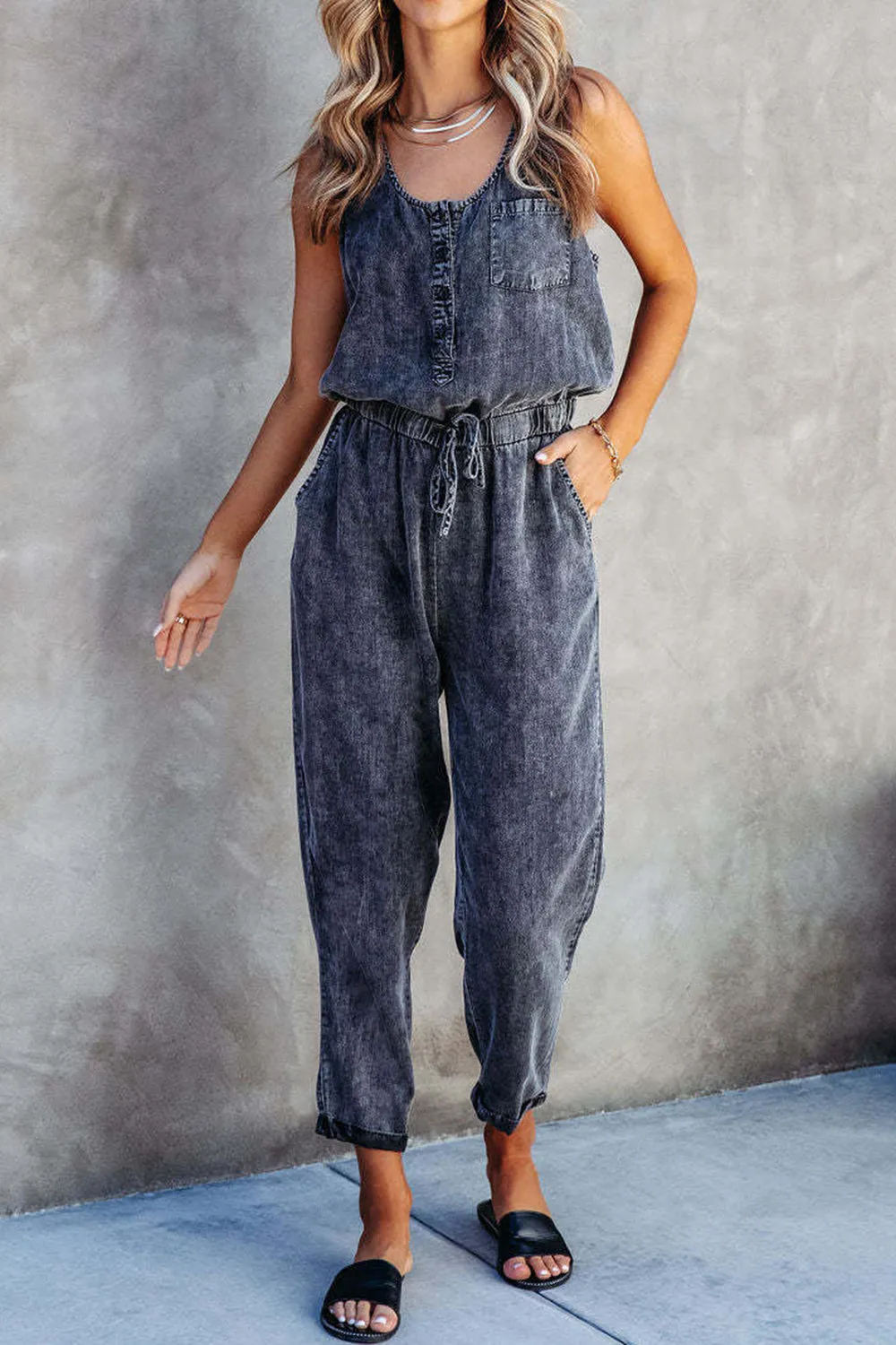 Pocketed Half Button Sleeveless Denim Jumpsuit sold by Charming Charlie product image thumbnail 2